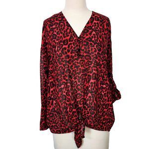 Jeans by Buffalo Women Sheer Leopard Print Roll Tab Sleeve Top Red Black Size M